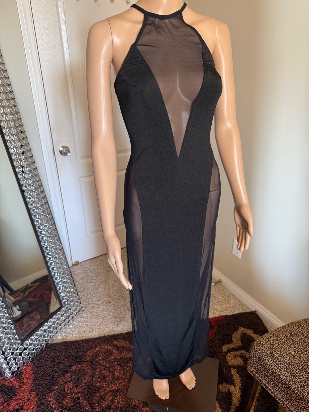 MICHI Black Mesh-Panel Halter Maxi Dress